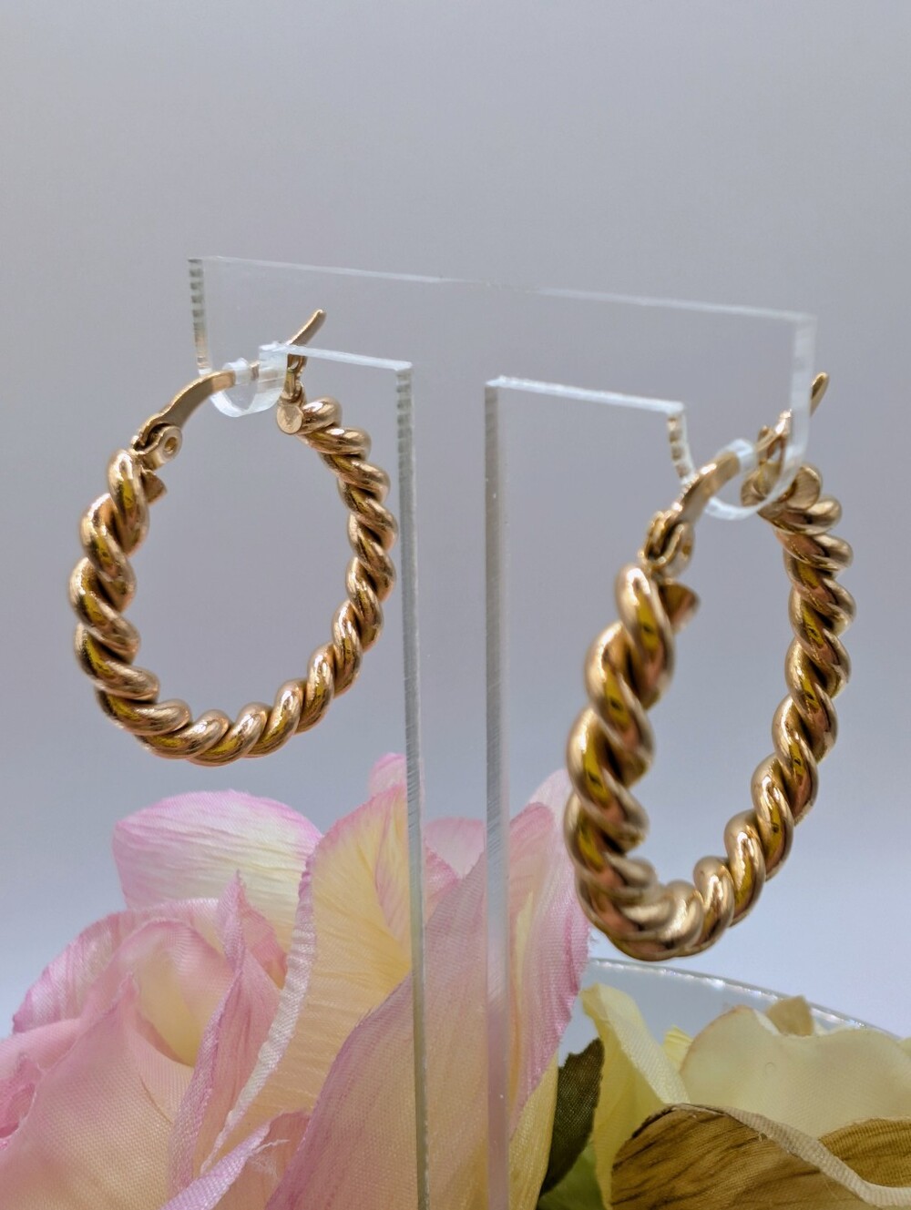 Rose Gold Stainless Steel Twisted Rope Hoop Earrings - 1.15"